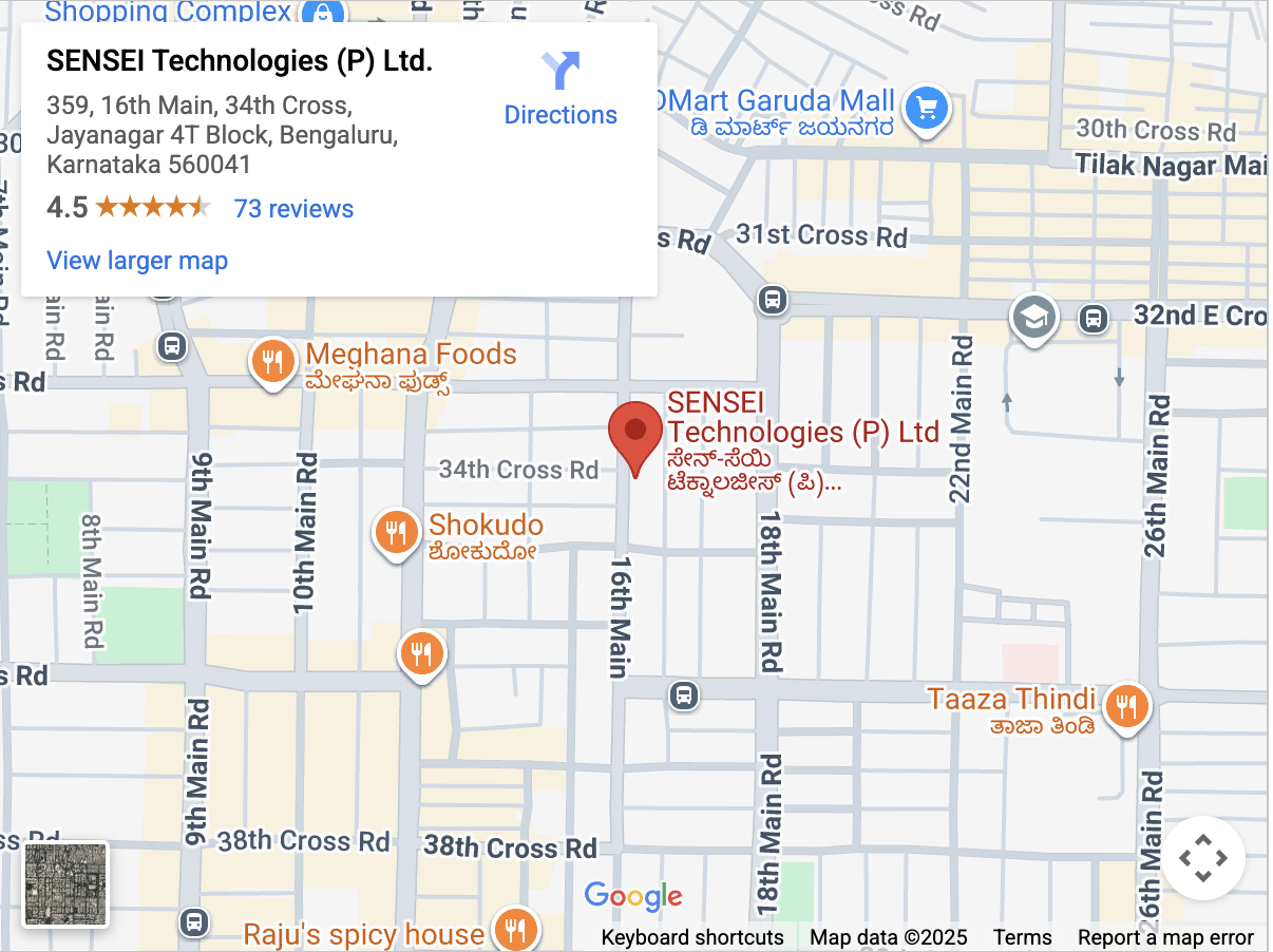 Map location of SENSEI Technologies office in Jayanagar, Bangalore